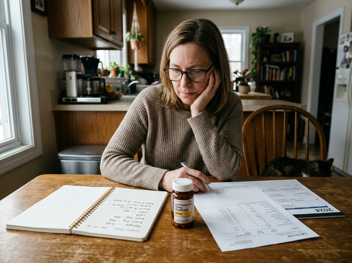 A patient using a calendar and symptom notes to troubleshoot levothyroxine adjustment timing