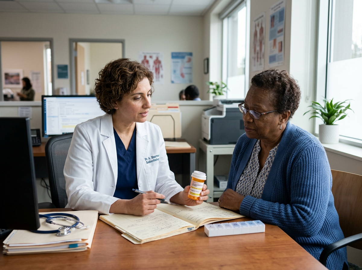 A clinician explaining a levothyroxine dose adjustment plan to a patient