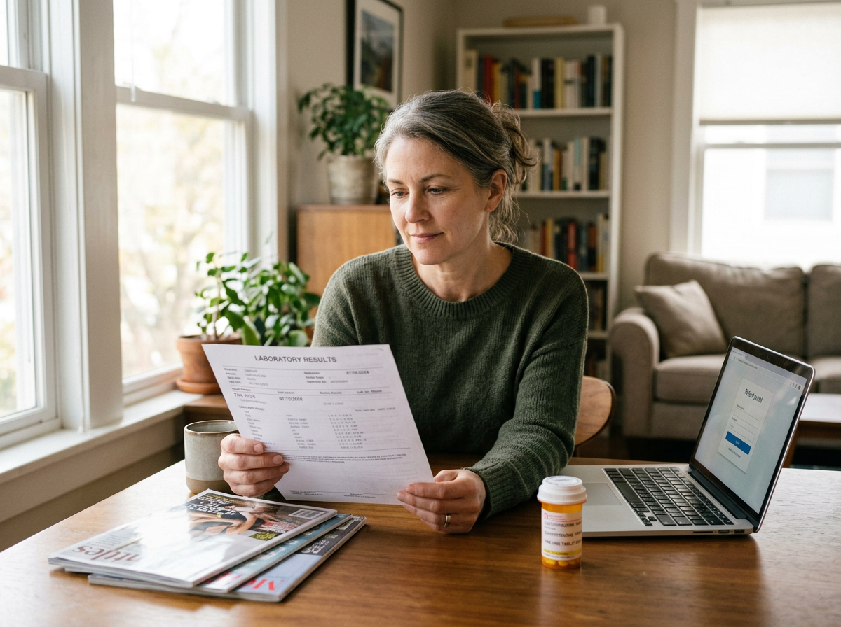 A patient reviewing TSH lab results at home with levothyroxine nearby