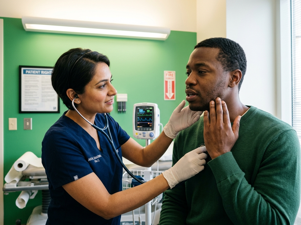 Clinician evaluating a patient for possible medication-related allergic symptoms involving the throat or face