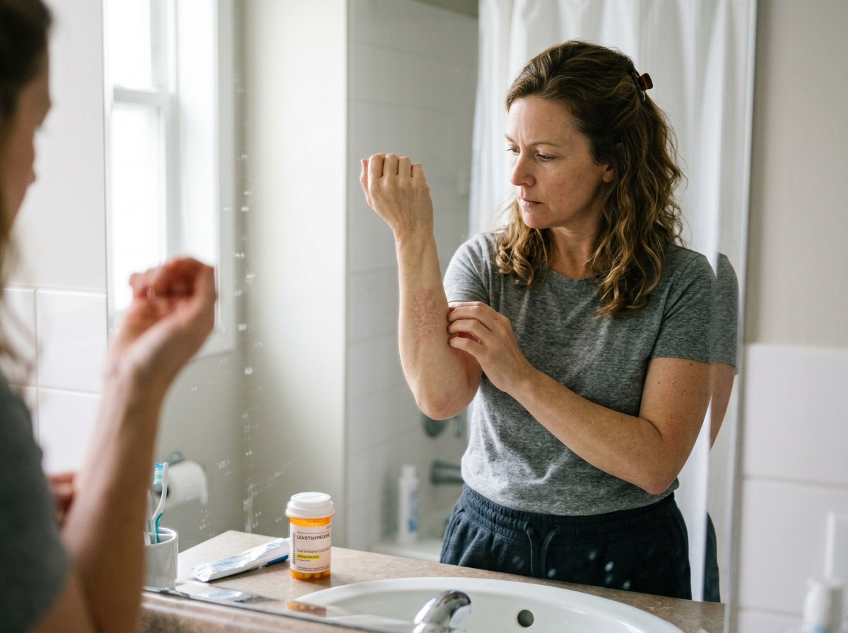 Adult patient checking a mild rash on the forearm at home after starting a different levothyroxine refill