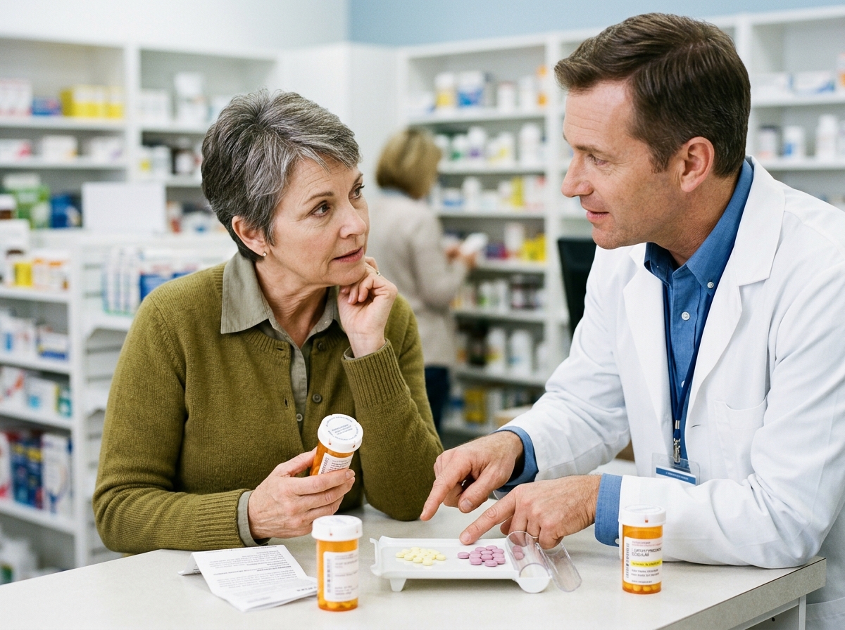 Patient comparing an old levothyroxine bottle and a new refill with a pharmacist after the tablets changed appearance