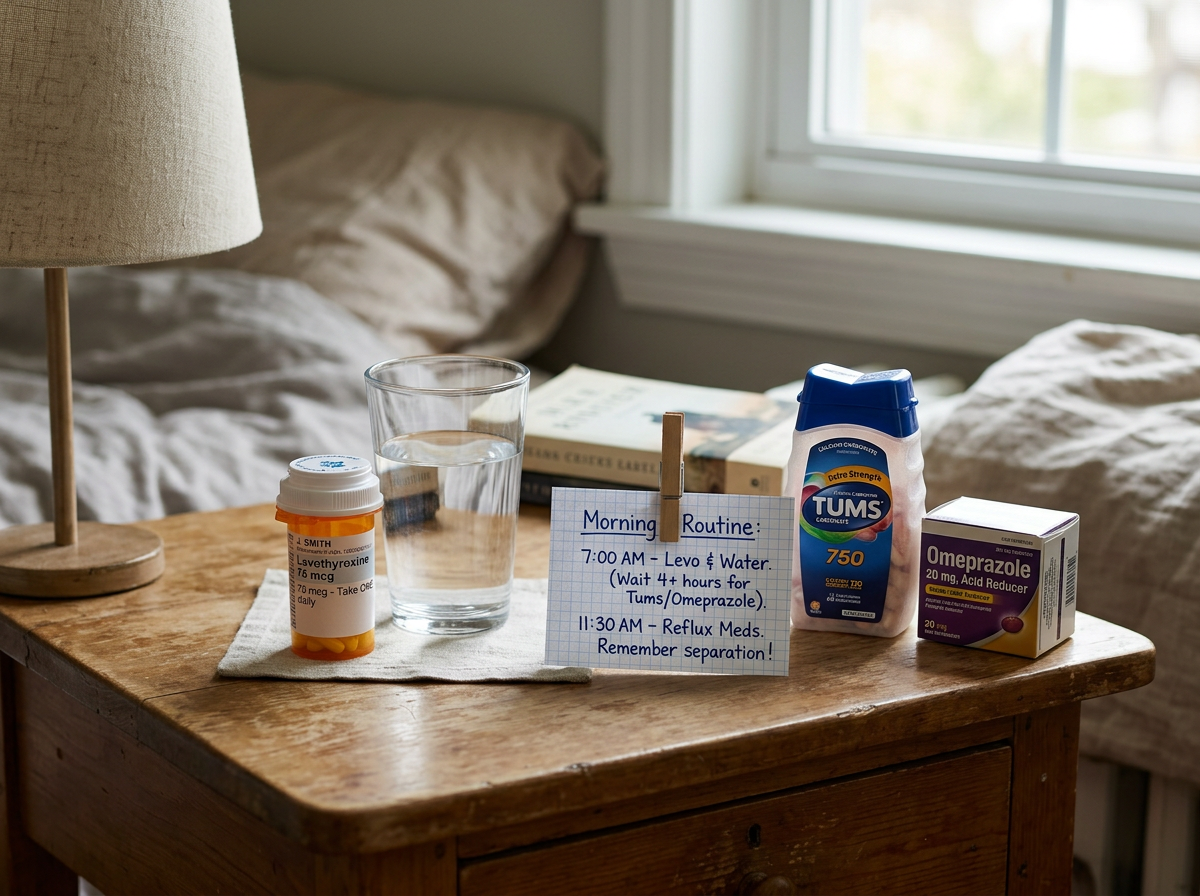 Levothyroxine and water kept separate from Tums, omeprazole, and a handwritten timing note in a home medication routine