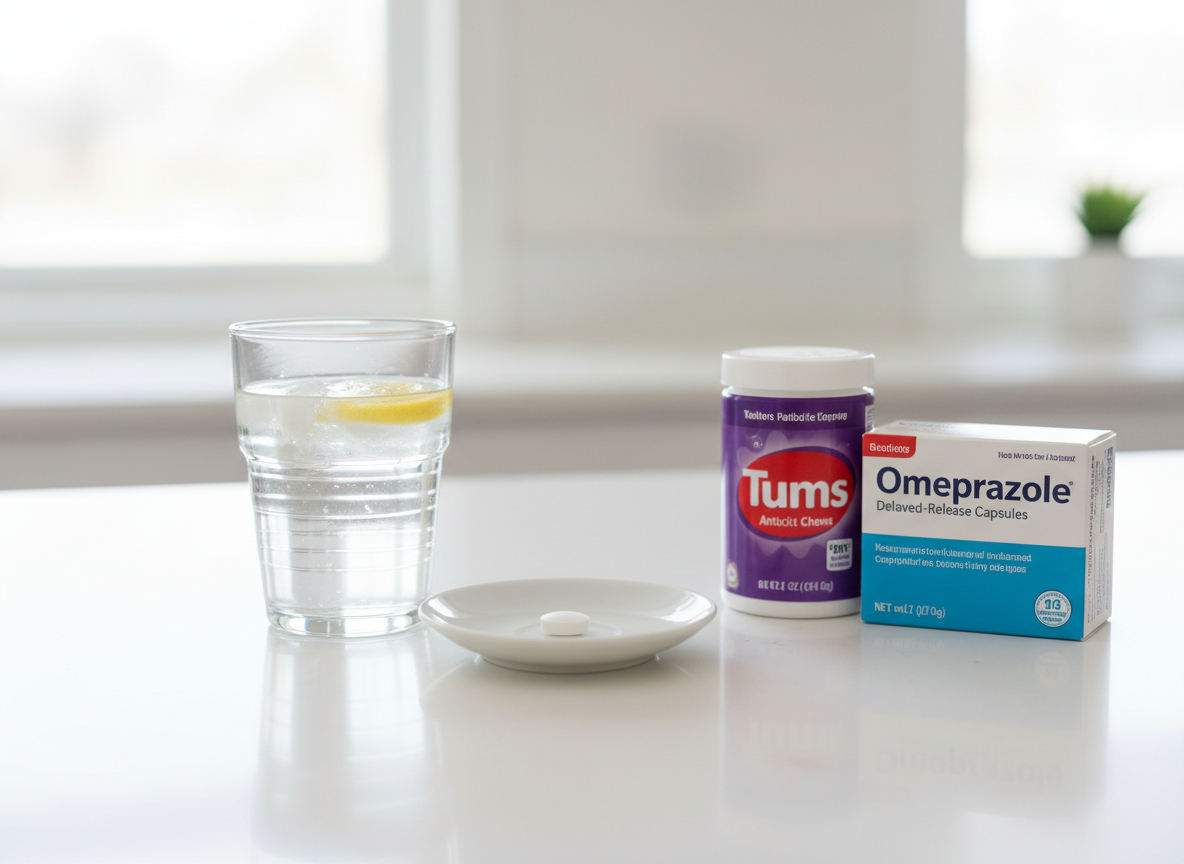 Levothyroxine beside water while Tums and omeprazole are kept clearly separate for later dosing