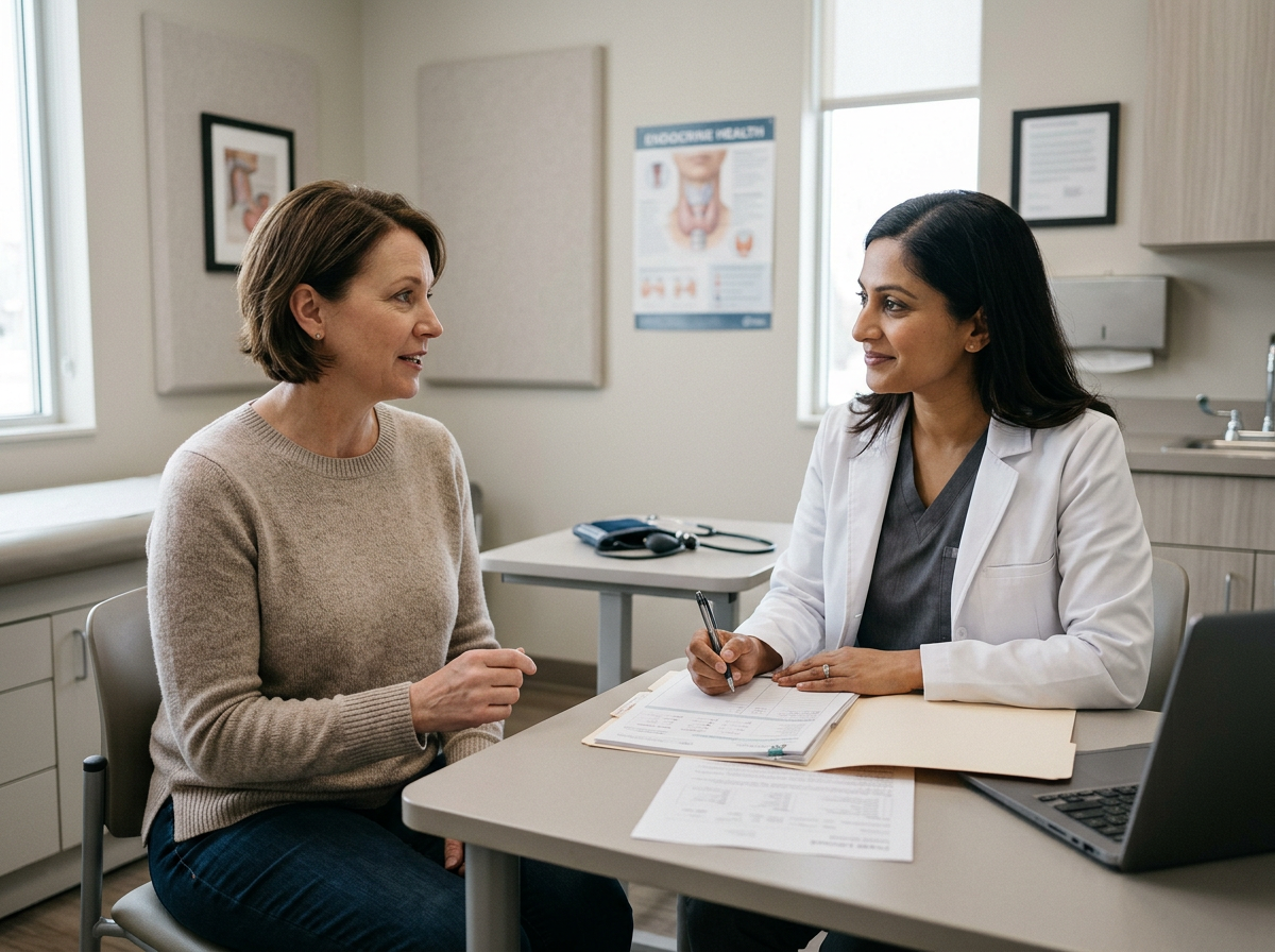 A patient discussing anxiety and mood changes with a clinician during thyroid follow-up
