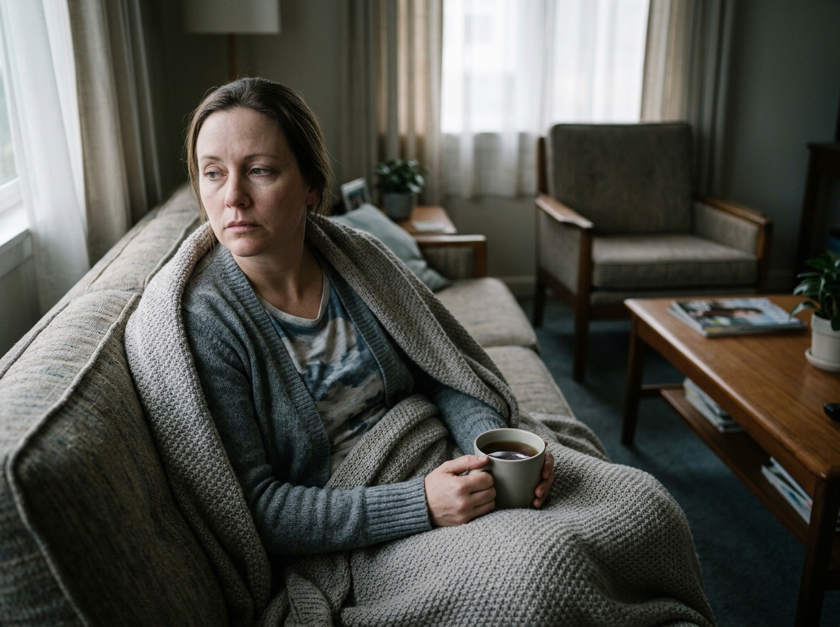 A patient at home experiencing low mood and fatigue that may reflect ongoing hypothyroidism rather than over-treatment