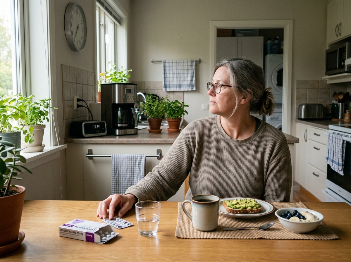 Coffee and breakfast waiting while a patient allows time after taking levothyroxine