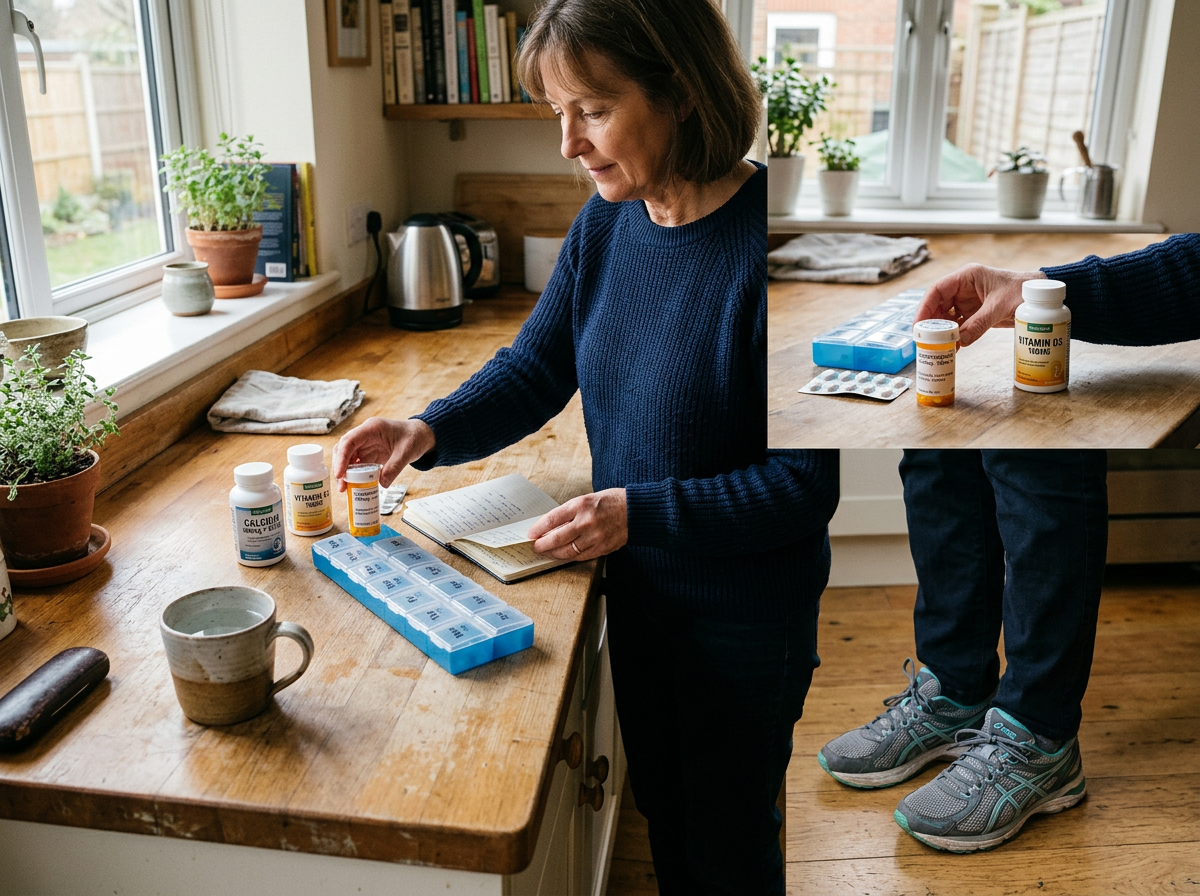 A home routine showing levothyroxine separated from calcium supplements with practical bone-protection habits nearby
