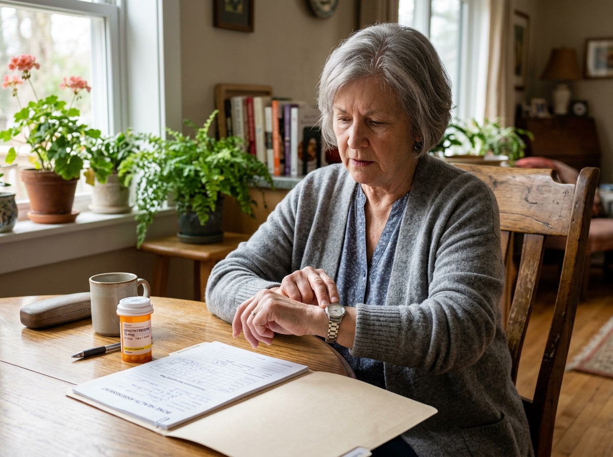 An older adult checking pulse at home while reviewing whether levothyroxine over-replacement may be affecting bone health