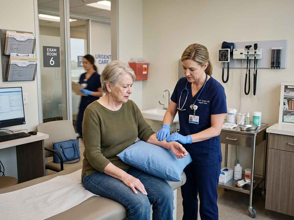 A patient receiving urgent evaluation after a fall when bone fragility or fracture is a concern
