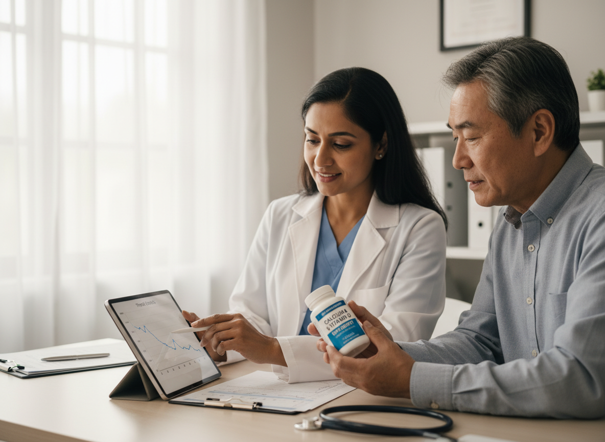A clinician reviewing thyroid lab results and a calcium supplement routine with a patient in an exam room