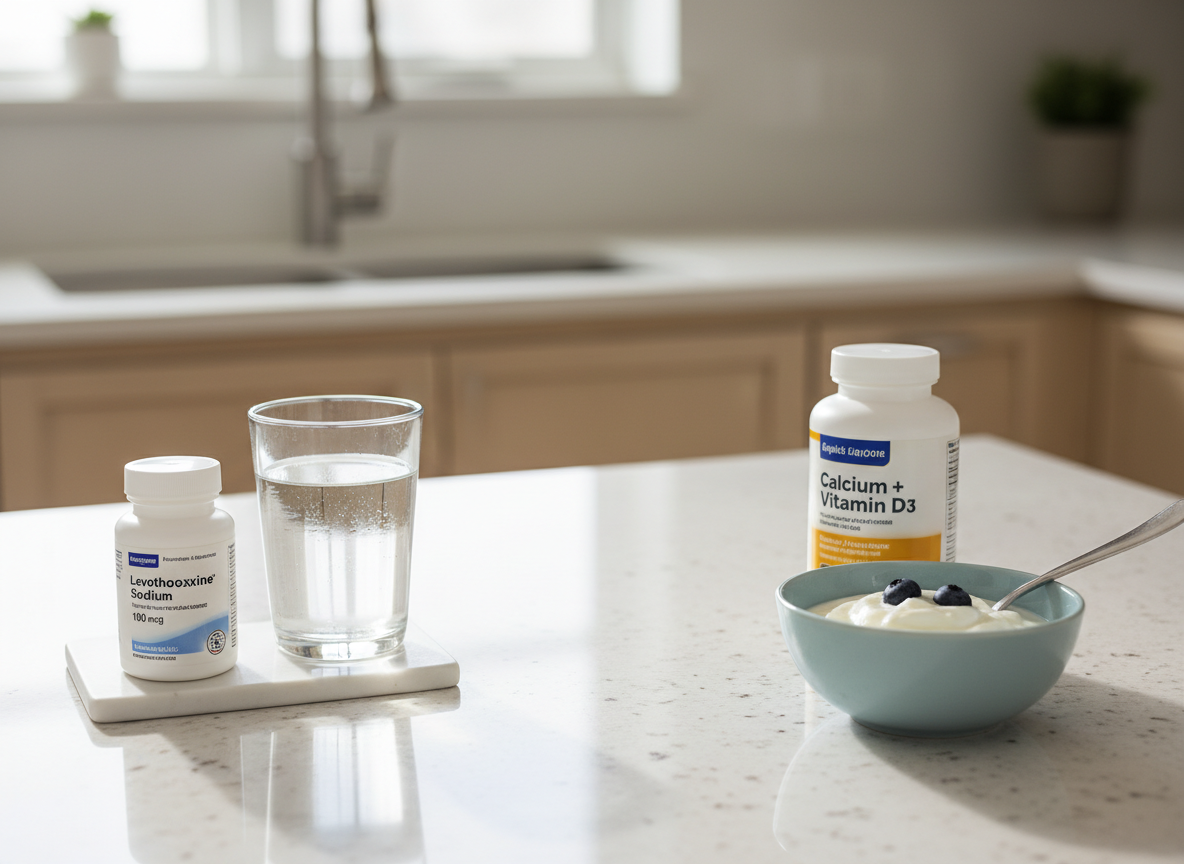 Levothyroxine beside water while a calcium bottle and yogurt are kept clearly separate for later in the day