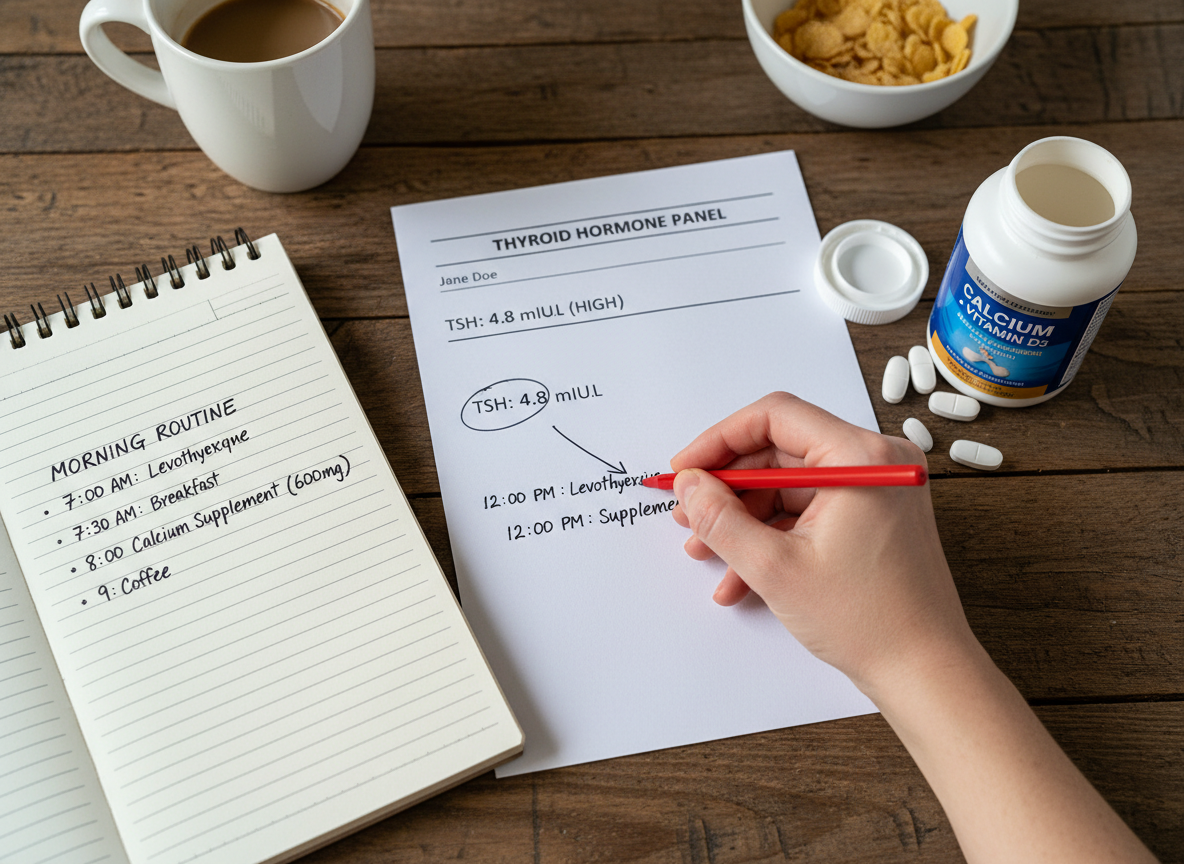 A thyroid lab printout, written daily schedule, and calcium bottle arranged while troubleshooting levothyroxine timing