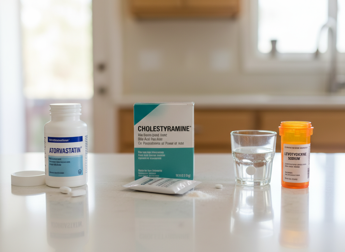 A statin, a bile acid sequestrant, and levothyroxine arranged in a clearly separated home medication routine