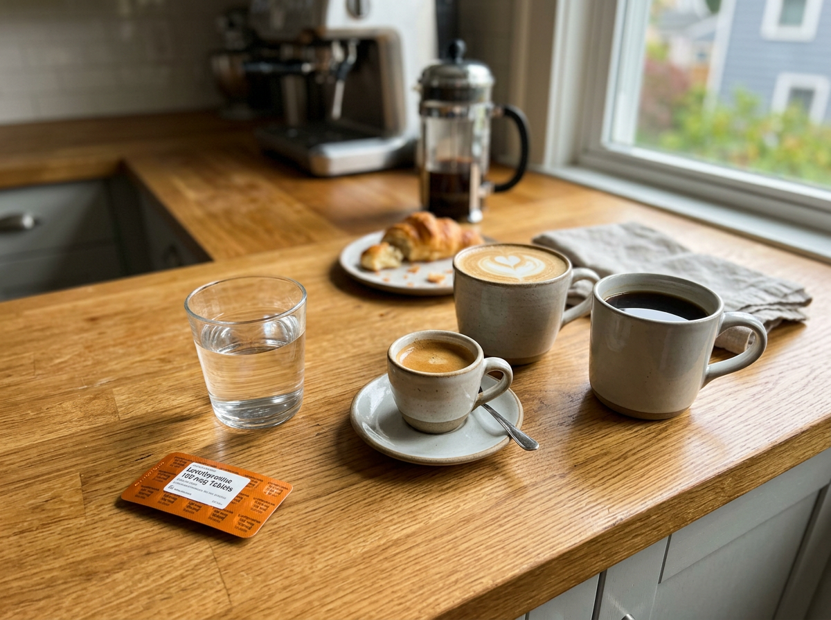 Espresso, latte, and black coffee waiting separately while levothyroxine is taken with water in the foreground