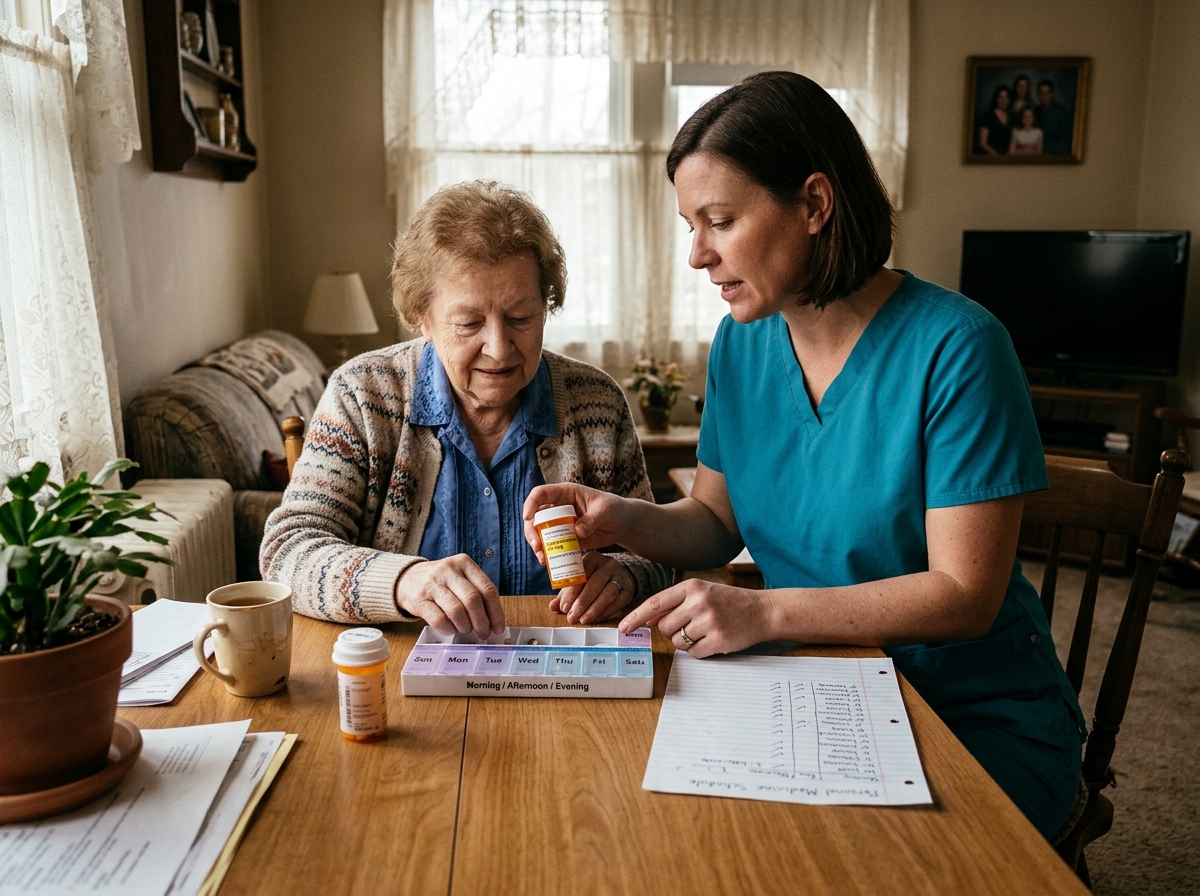 A caregiver helping an older adult organize levothyroxine and other morning medications at home