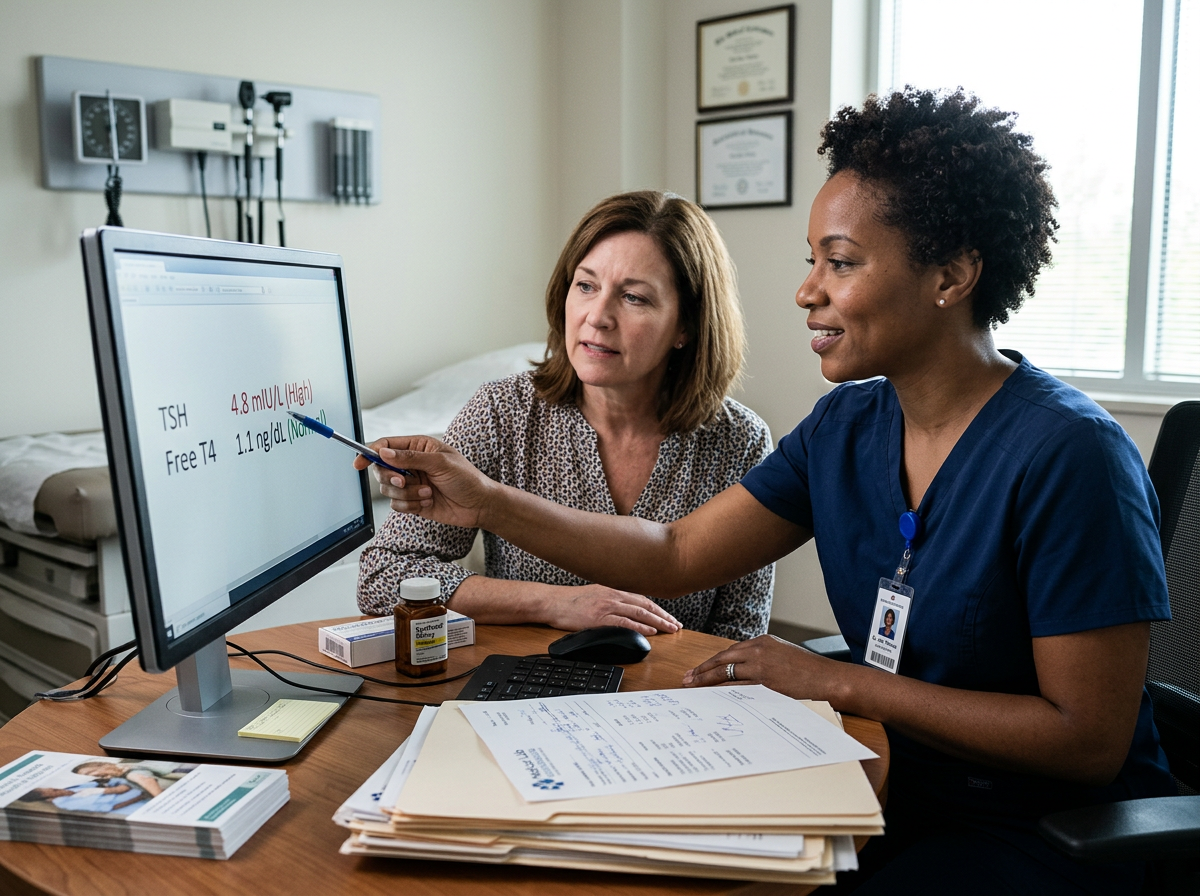 A clinician reviewing thyroid lab results with a patient during a levothyroxine follow-up visit