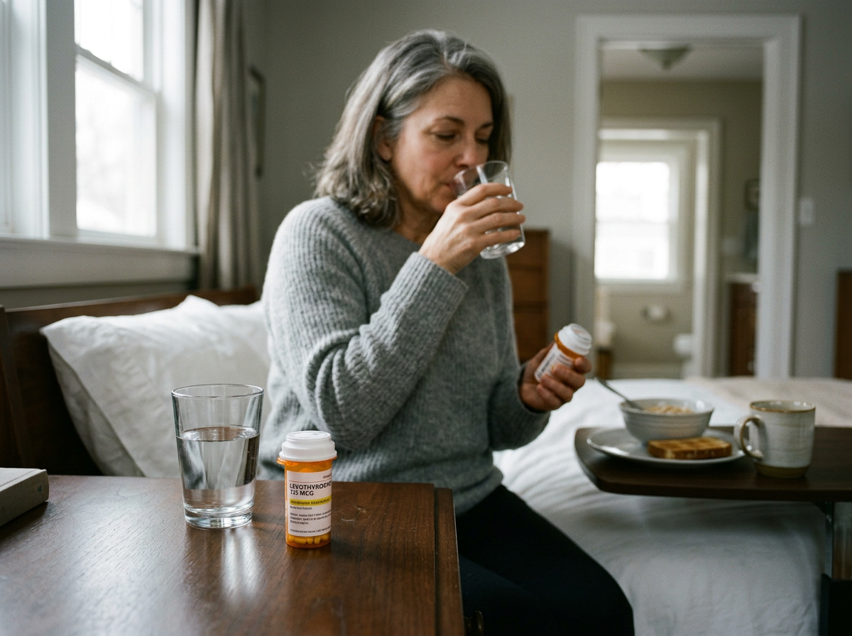 Levothyroxine on a bedside table next to water before breakfast and coffee in the background