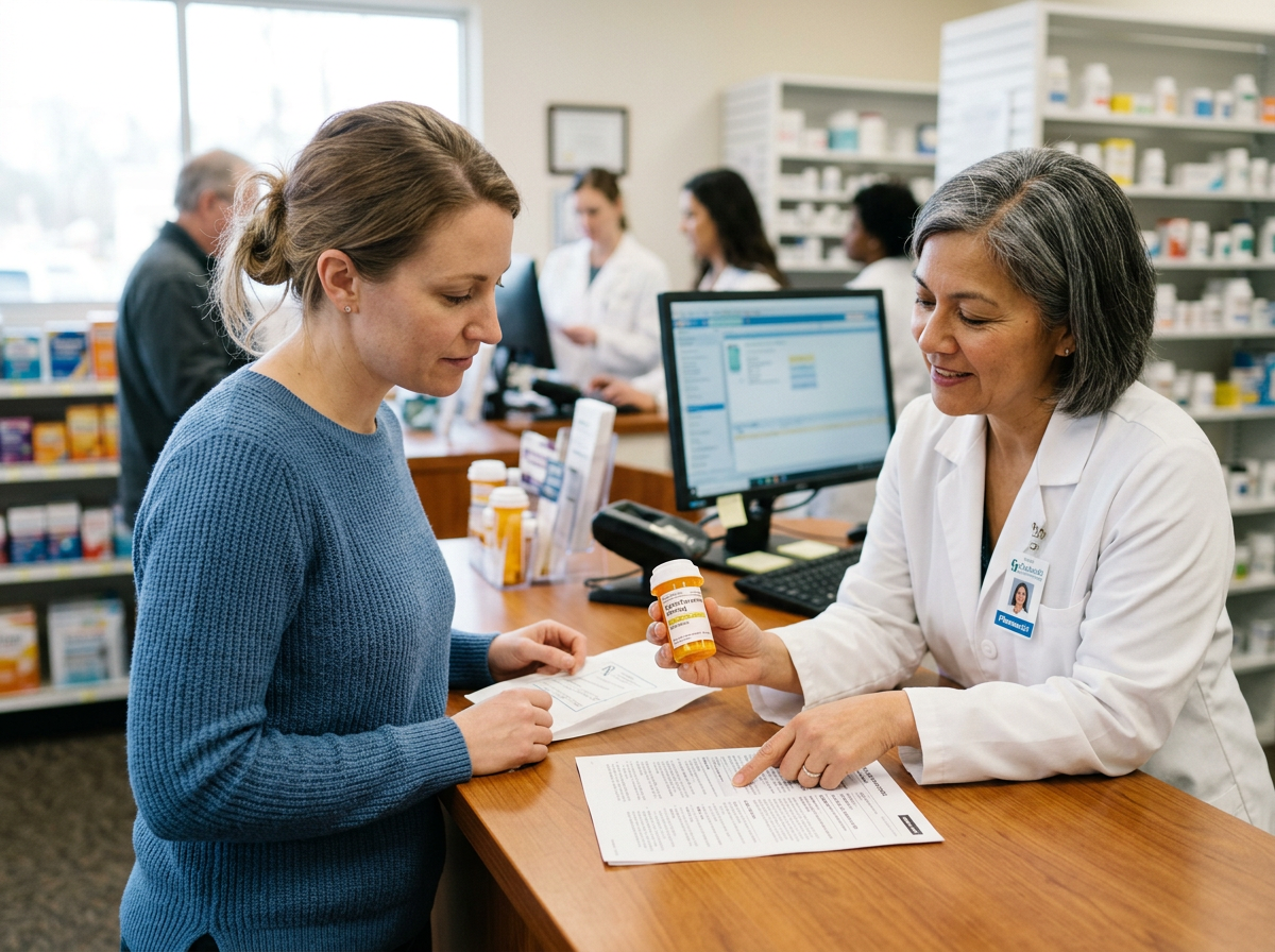 A patient receiving a new levothyroxine prescription at a pharmacy counter while the pharmacist explains the medication