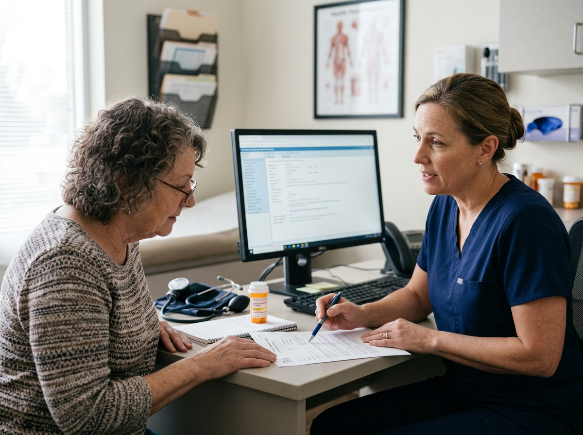 An older adult reviewing levothyroxine treatment and health conditions with a clinician