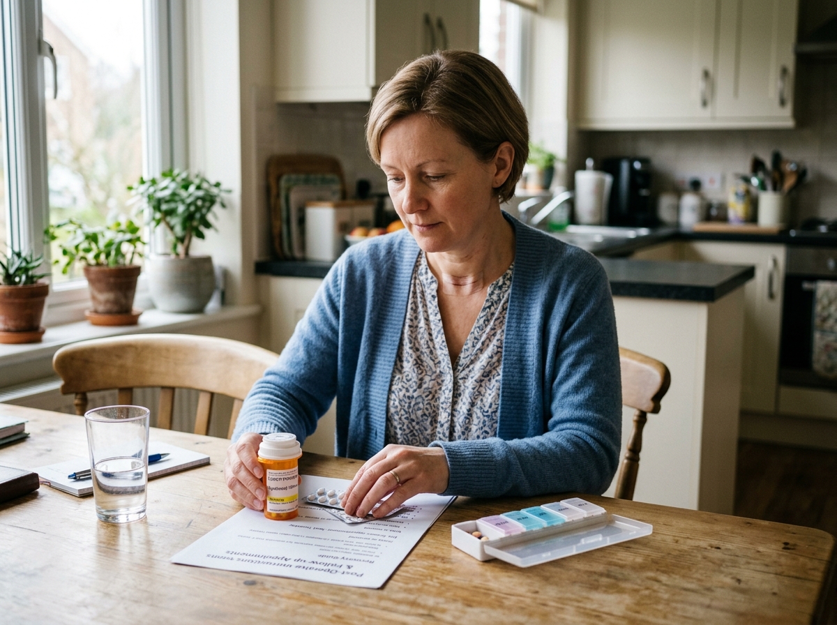 A patient after thyroid surgery organizing levothyroxine and follow-up instructions at home