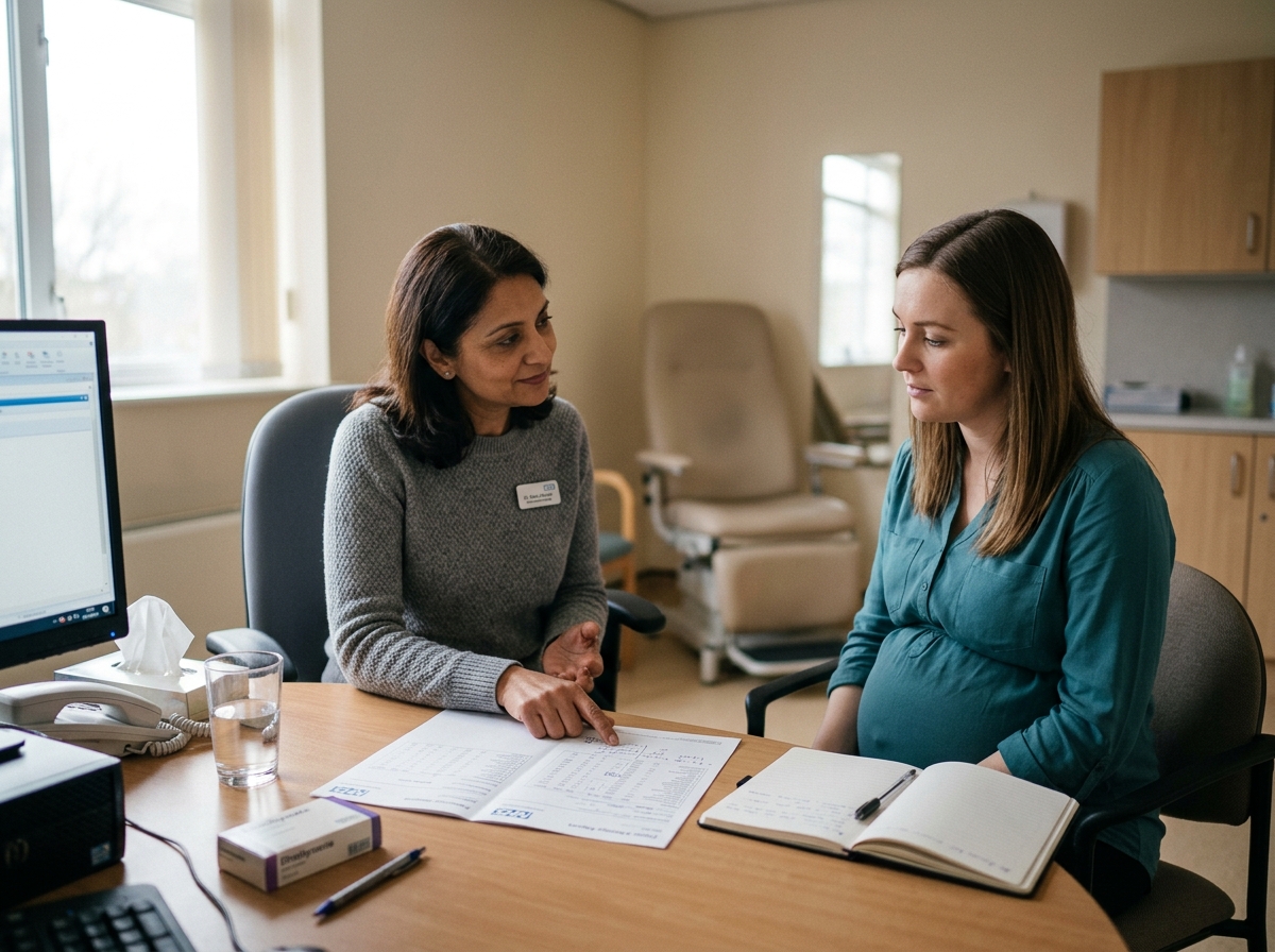 A pregnant patient reviewing hypothyroidism treatment and levothyroxine monitoring with a clinician