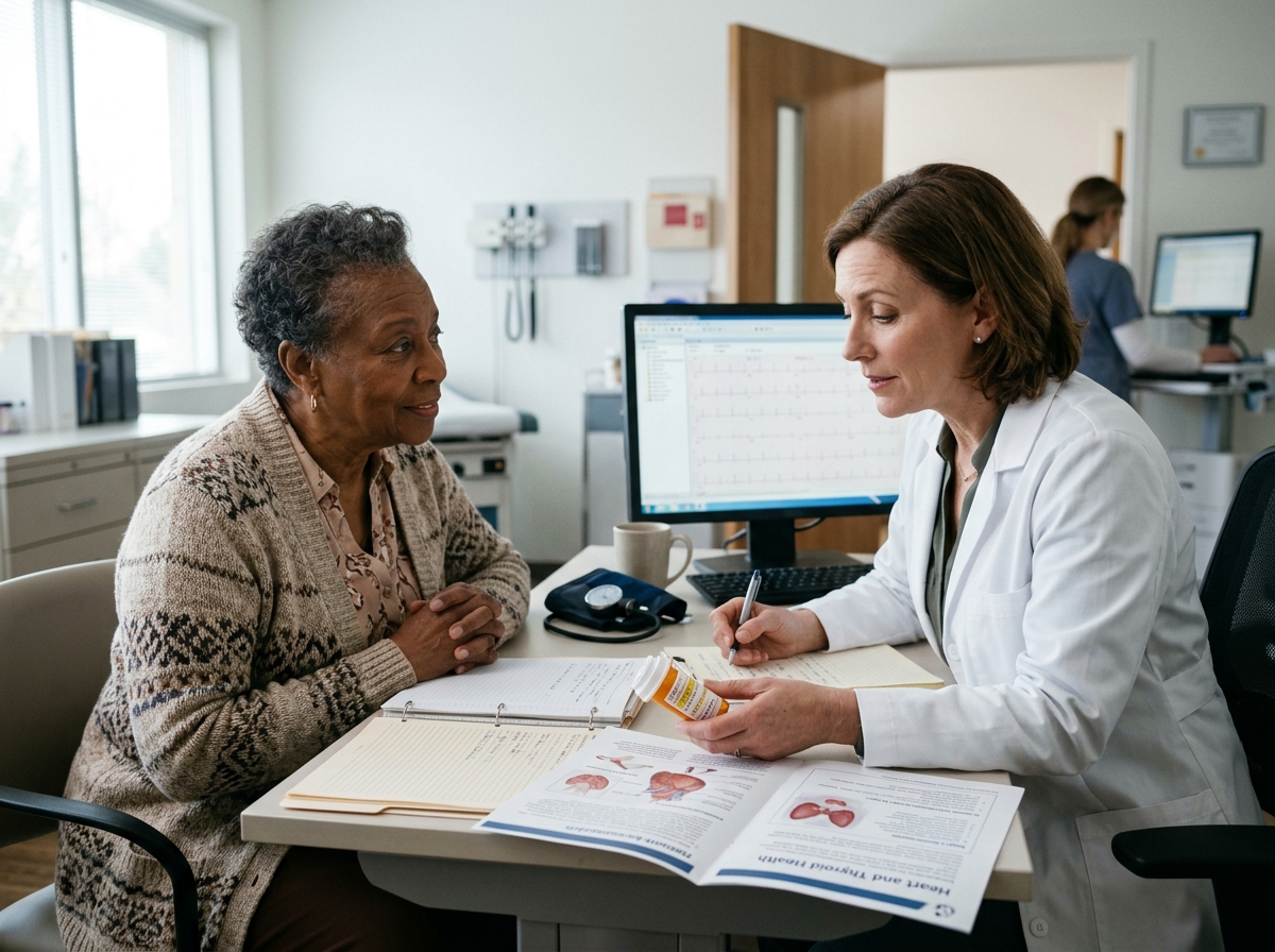 An older patient discussing careful low-dose levothyroxine treatment because of heart concerns