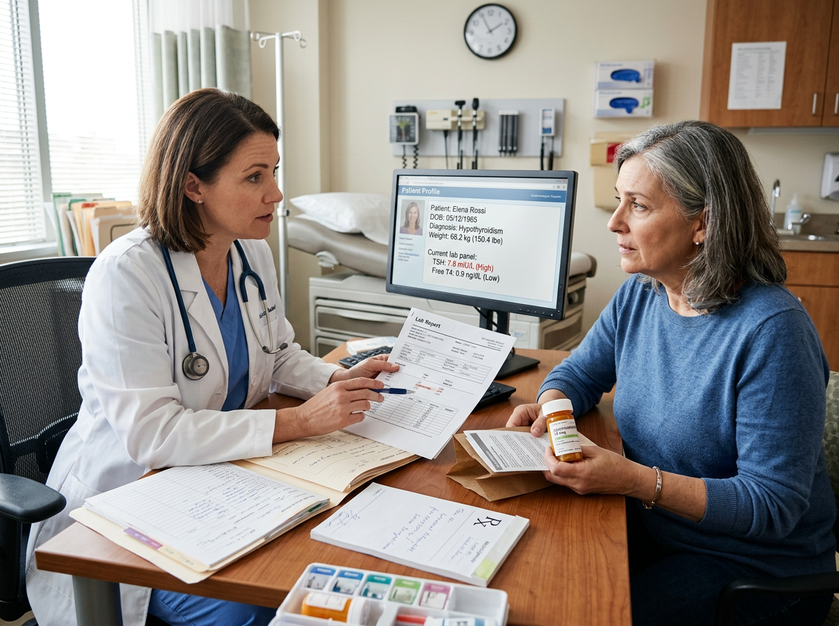 A clinician reviewing a starting levothyroxine dose calculation with a patient in clinic