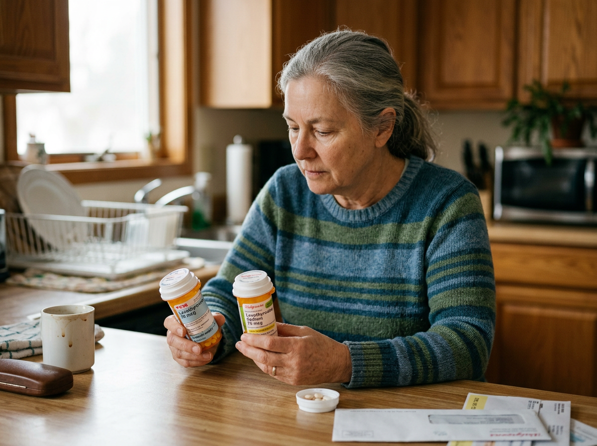 A patient comparing levothyroxine refill bottles after a manufacturer switch