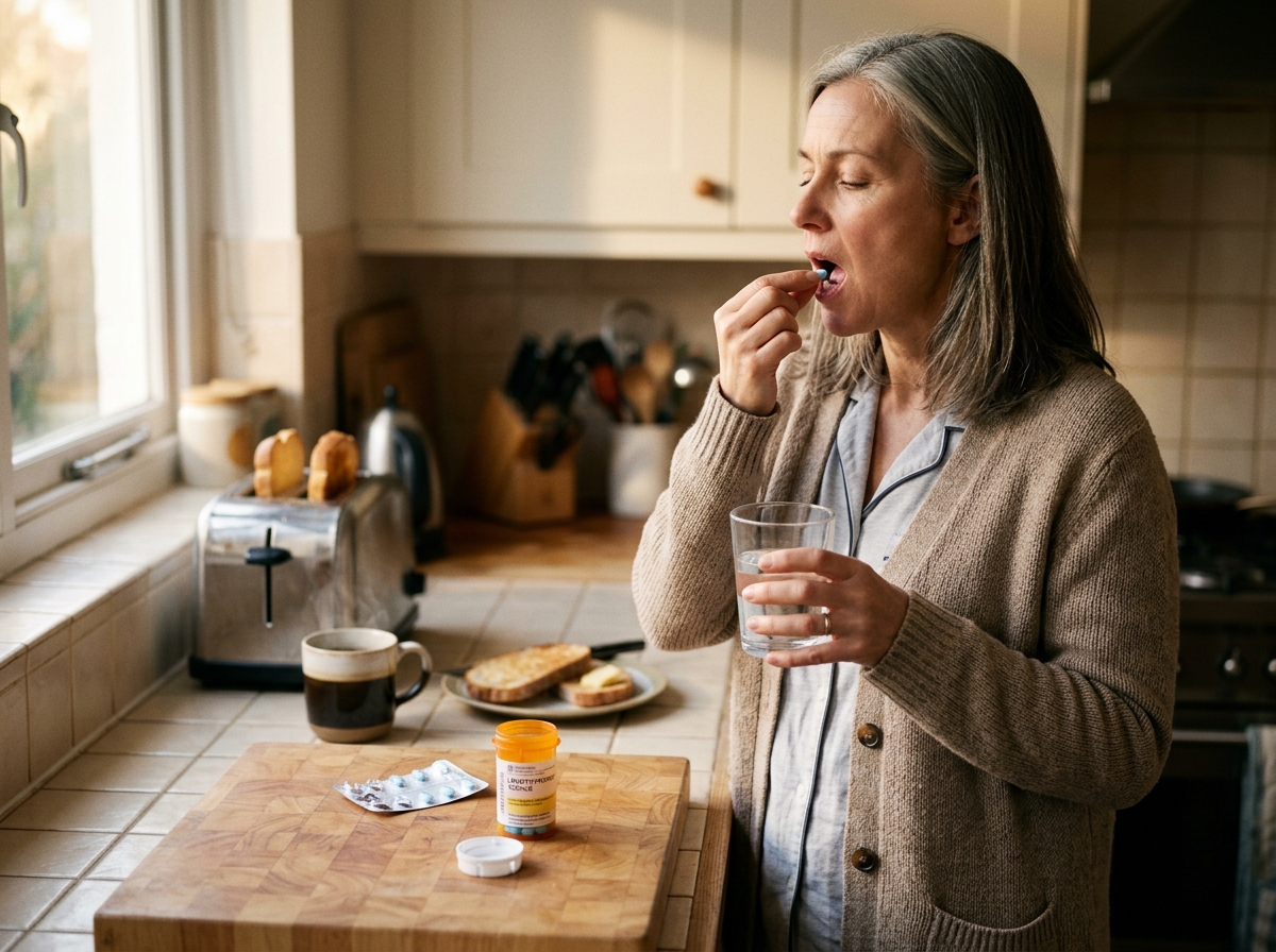 Levothyroxine taken with water before breakfast in a home morning routine