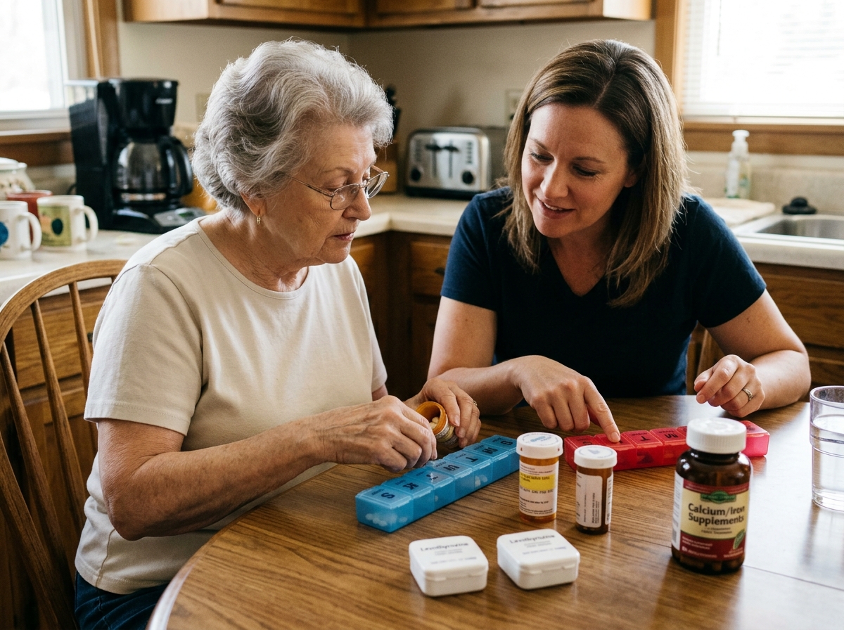 An older adult and caregiver organizing levothyroxine separately from calcium and iron supplements at home