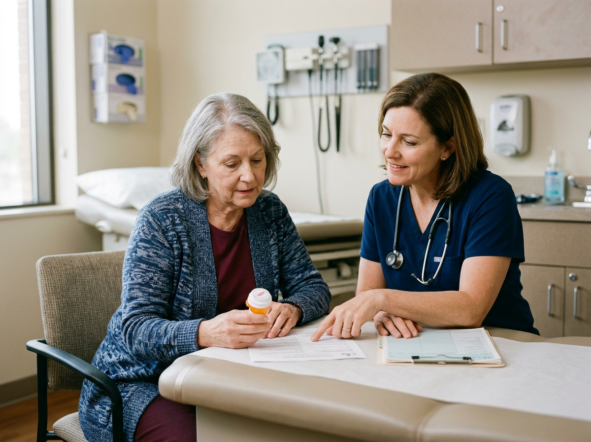 An older adult reviewing levothyroxine dosing with a clinician during a follow-up visit