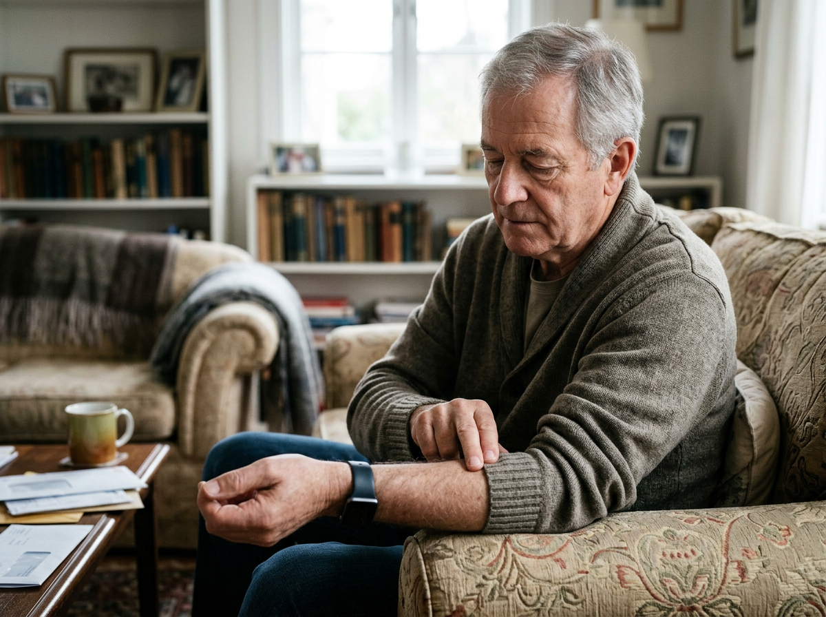 An older adult at home checking pulse after feeling palpitations following a recent levothyroxine dose change