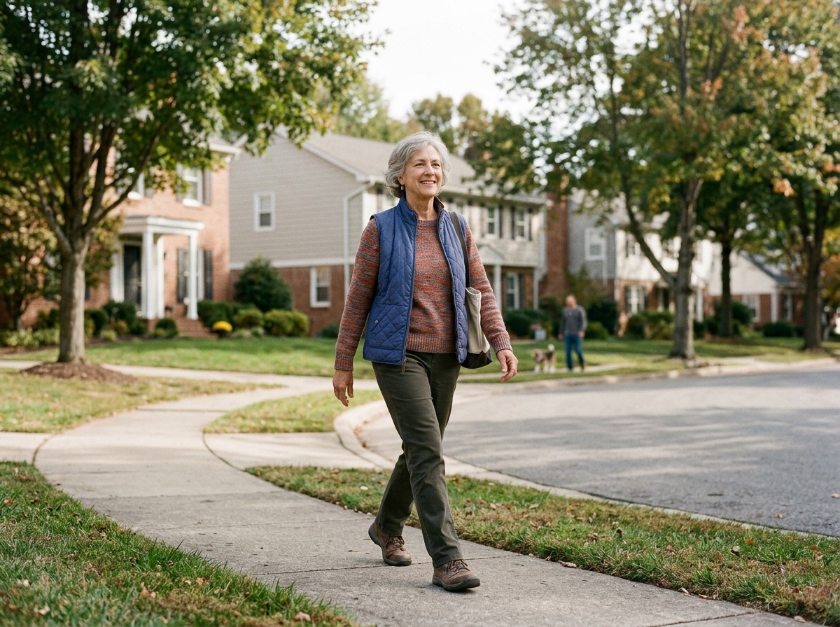 An older adult taking a steady neighborhood walk after levothyroxine dosing has been stabilized