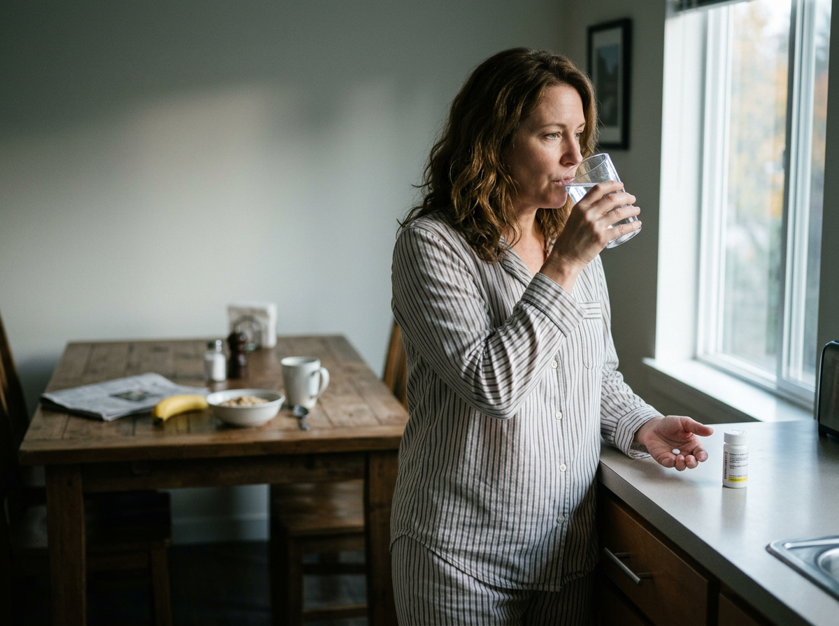 A patient reviewing a high-fiber meal plan and levothyroxine timing at a kitchen table