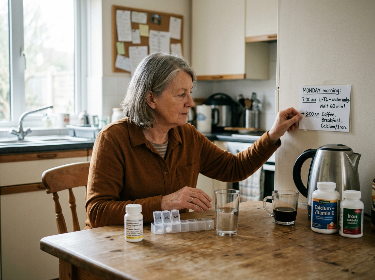 A patient separating levothyroxine from coffee and supplements while troubleshooting persistent fatigue