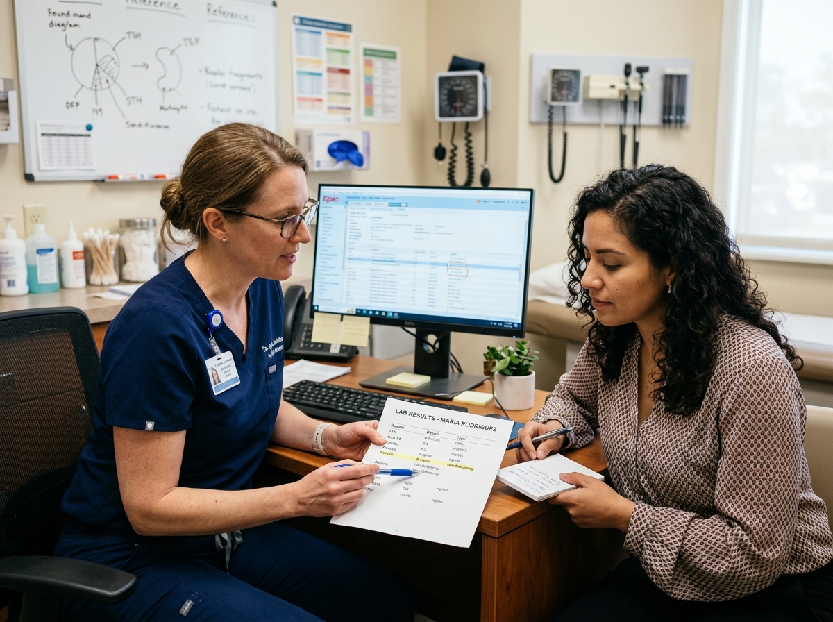 A clinician discussing a changed TSH result after metformin was started in a patient taking levothyroxine