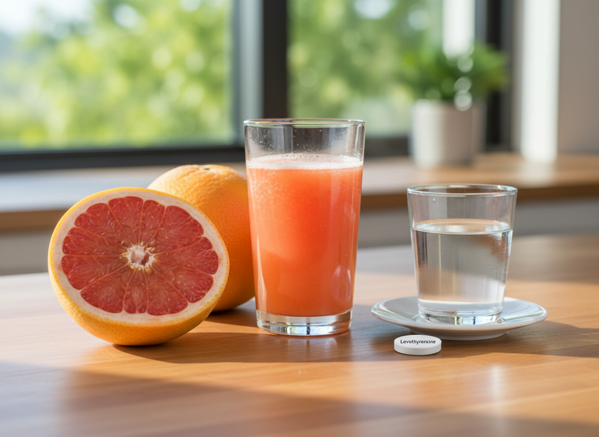 Halved grapefruits and grapefruit juice kept separate from levothyroxine and water on a sunlit kitchen counter