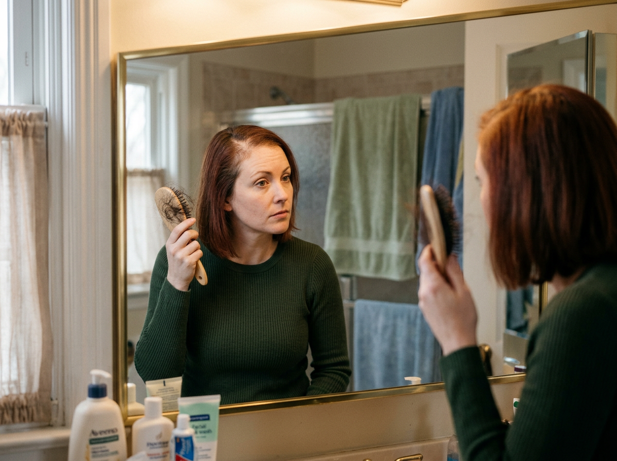 A patient checking thinning hair and hair left in a brush while looking in a mirror