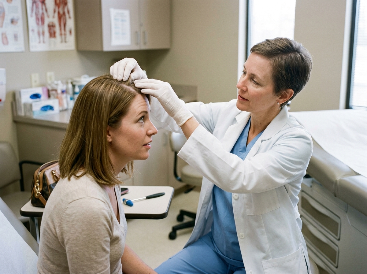 A clinician examining the scalp while discussing whether hair loss may be related to thyroid treatment or another cause