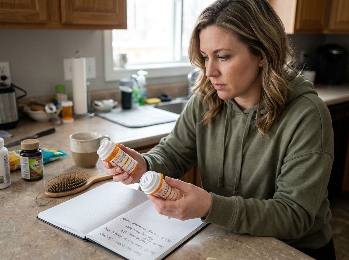 A patient comparing old and new levothyroxine refills while tracking hair-loss timing and symptoms