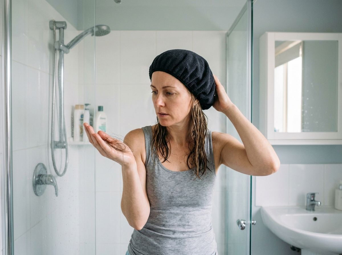 A patient noticing increased hair shedding in the bathroom while washing hair