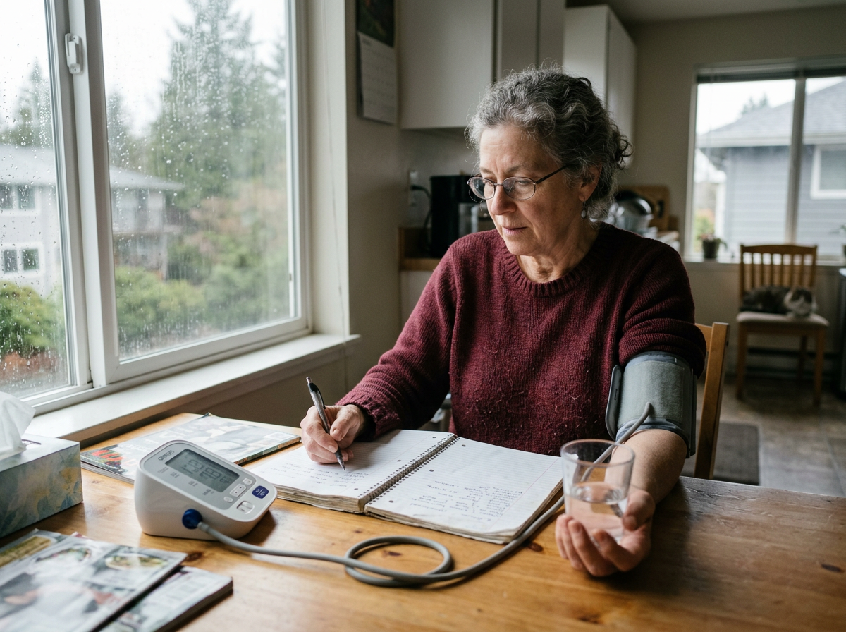 A patient checking blood pressure and reviewing symptoms while troubleshooting headaches on levothyroxine