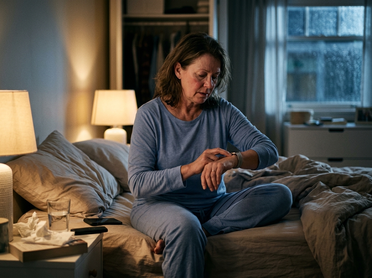 A patient checking pulse at night while trying to work out whether insomnia on levothyroxine is part of an over-replacement pattern
