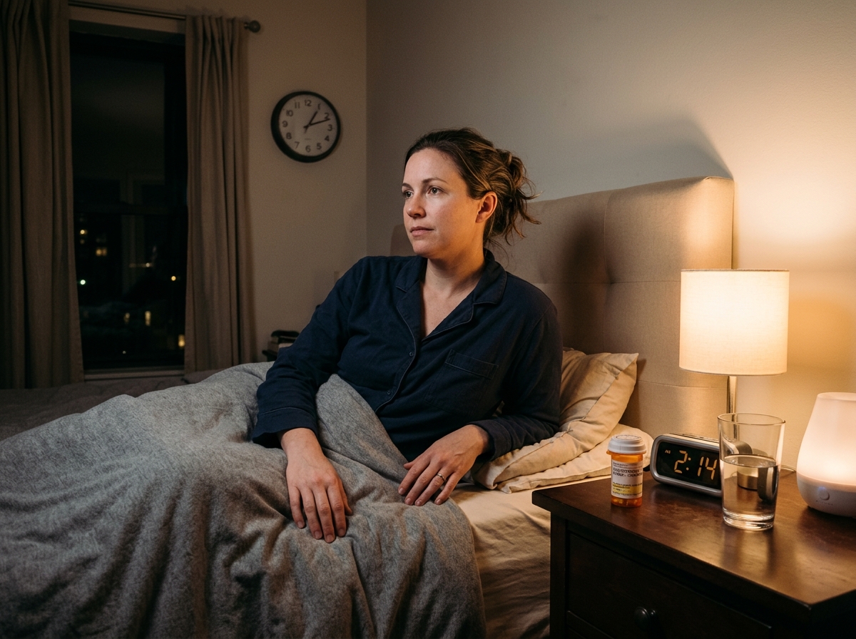A patient awake at night in bed after a recent levothyroxine dose change