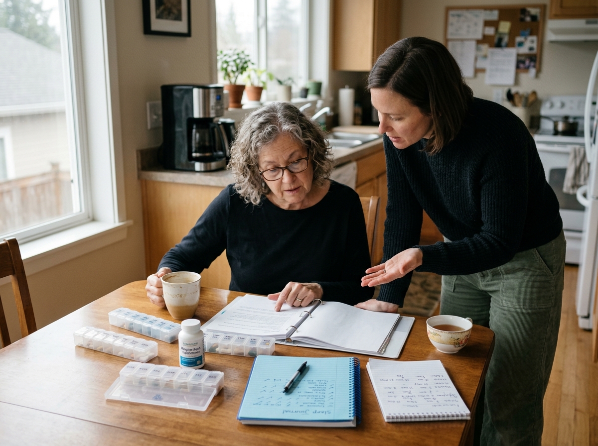 A patient reviewing coffee, supplements, and a sleep journal while troubleshooting insomnia on levothyroxine