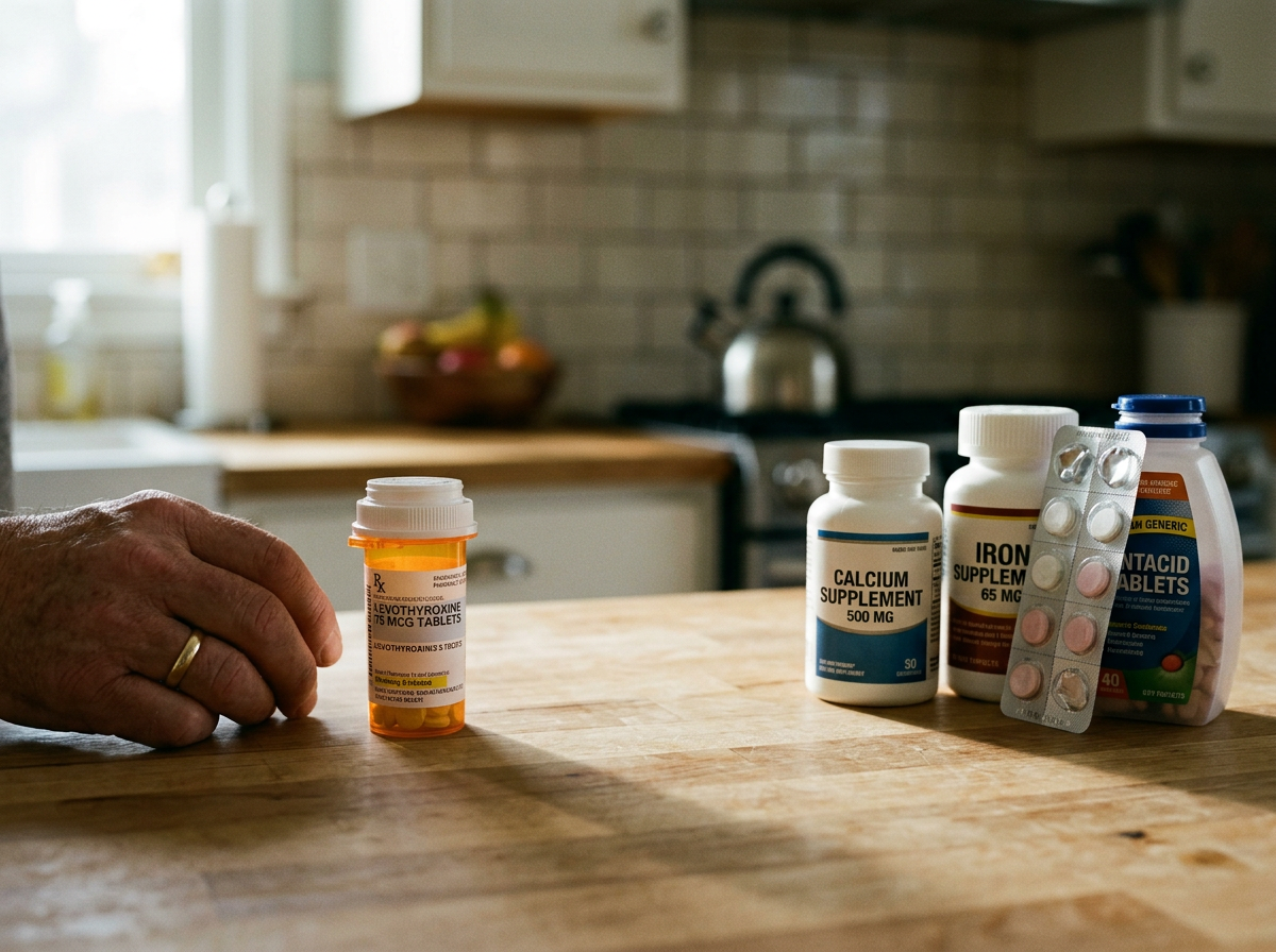 Levothyroxine separated from calcium, iron, and antacid products on a home counter