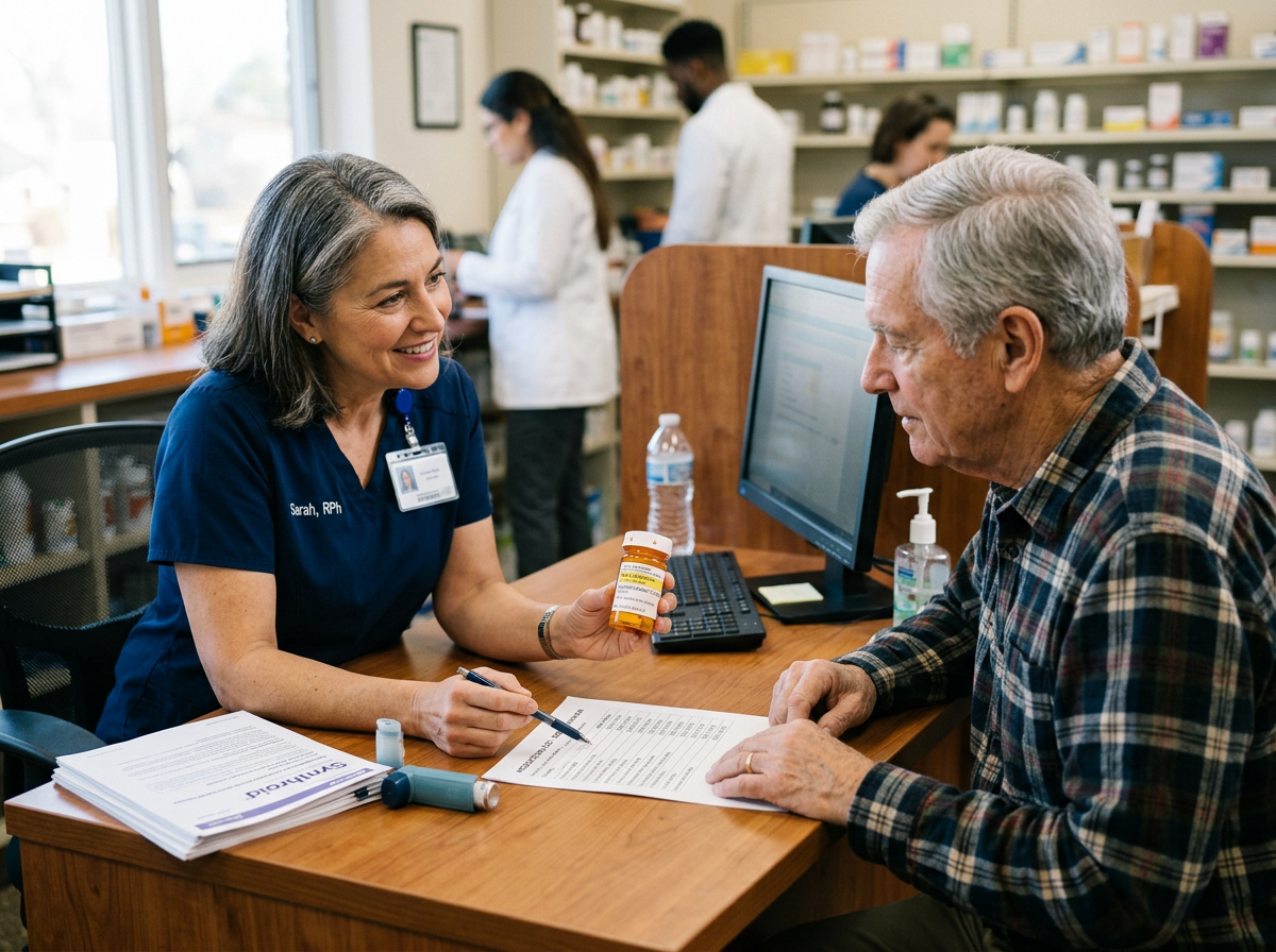A pharmacist reviewing a medication list and levothyroxine with a patient to identify interactions
