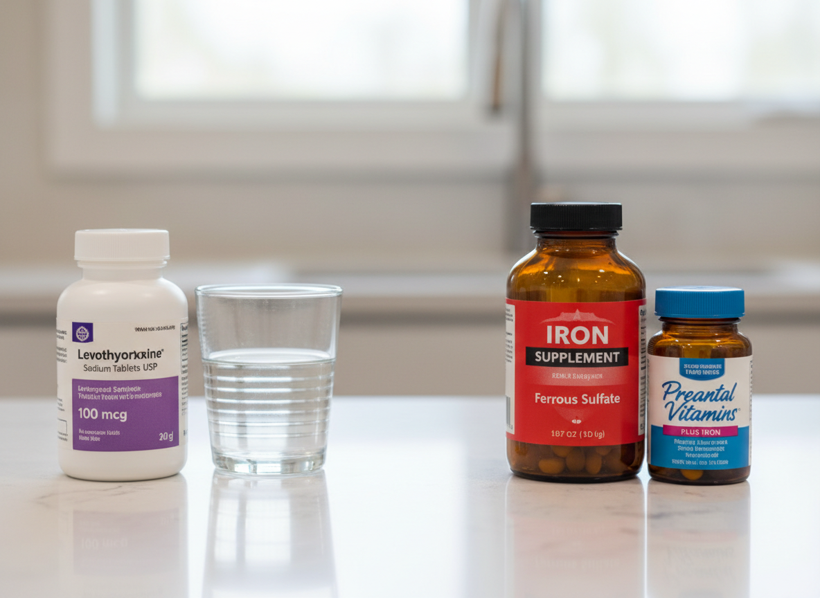 Levothyroxine kept separate from an iron supplement and prenatal vitamin label on a bright countertop
