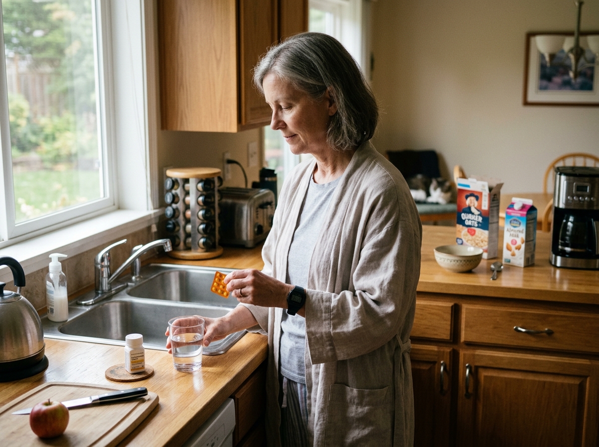 A kitchen morning routine organized around levothyroxine timing and breakfast separation